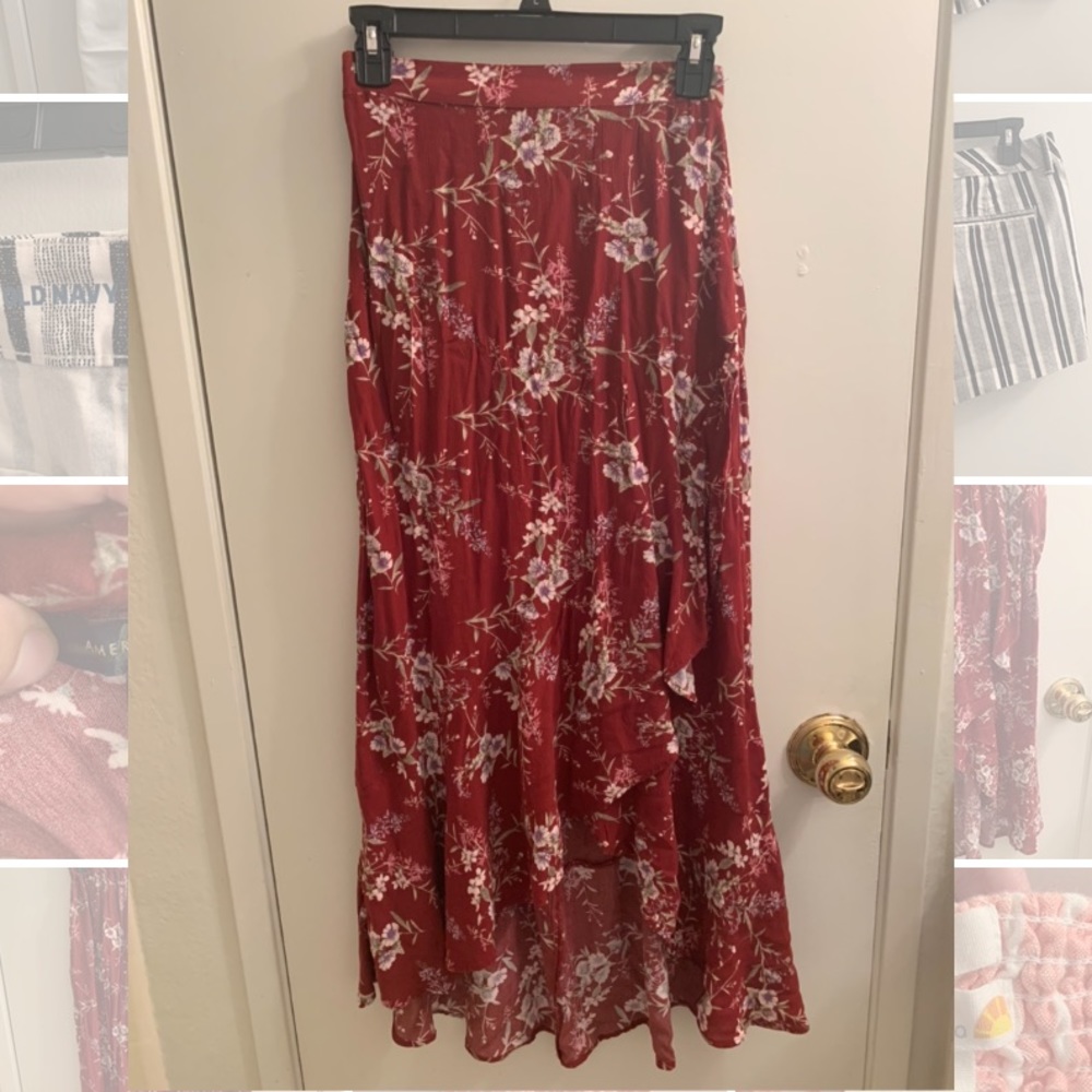 Red floral flowy ruffle skirt
